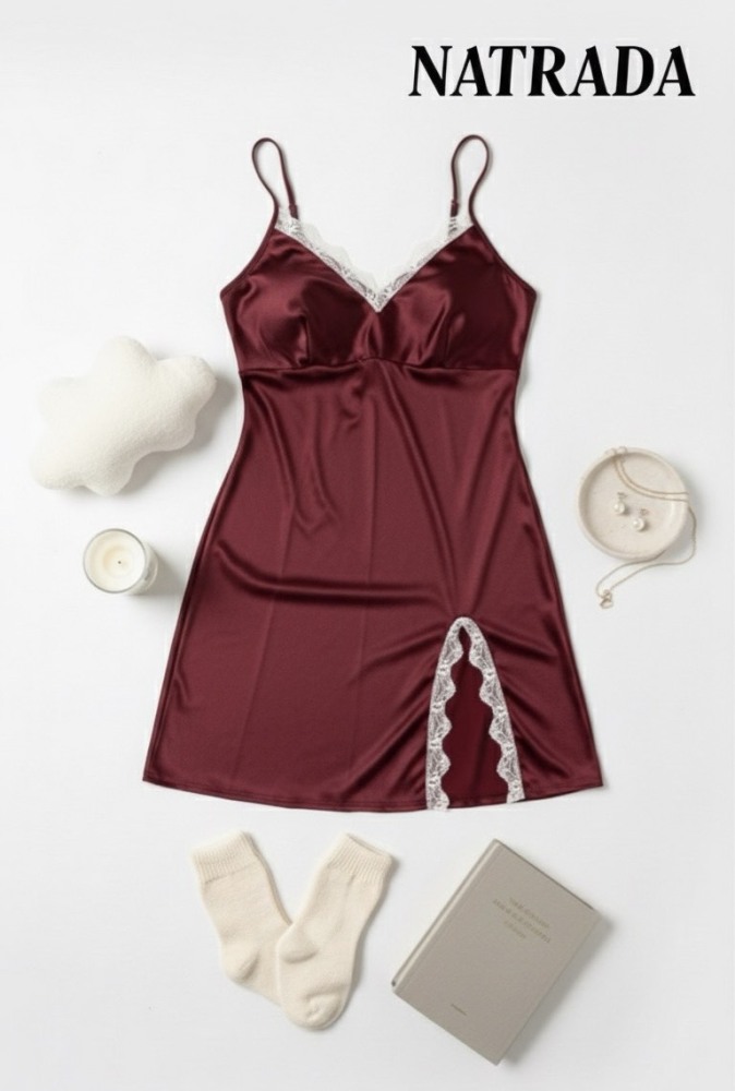 A23 เดรสชุดนอนสายเดี่ยว ผ้าซาติน สีแดง (พร้อมส่งภายใน 24 ชม.) Red satin camisole nightdress (Ready to ship within 24 hours)