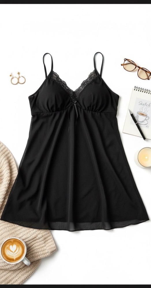 A24 เดรสชุดนอนสายเดี่ยว สีดำ แต่งลูกไม้  (พร้อมส่งภายใน 24 ชม.) lack lace camisole nightdress (Ready to ship within 24 hours)