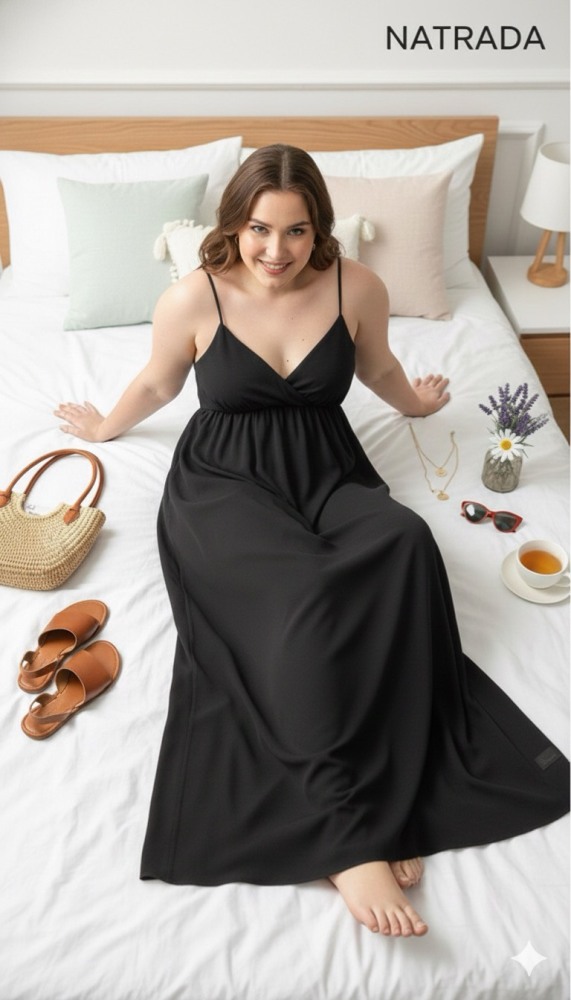 A26 เดรสชุดนอนยาว สายเดี่ยว สีดำ (พร้อมส่งภายใน 24 ชม.) Black spaghetti strap long nightdress (Ready to ship within 24 hours)