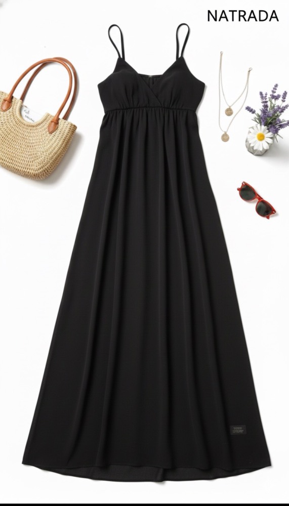 A26 เดรสชุดนอนยาว สายเดี่ยว สีดำ (พร้อมส่งภายใน 24 ชม.) Black spaghetti strap long nightdress (Ready to ship within 24 hours)