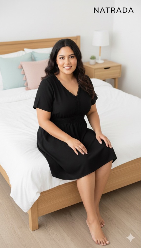 A28 เดรสชุดนอน สีดำ แขนสั้นคอวี (พร้อมส่งภายใน 24 ชม.) Black, short-sleeved, V-neck nightdress (Ready to ship within 24 hours)