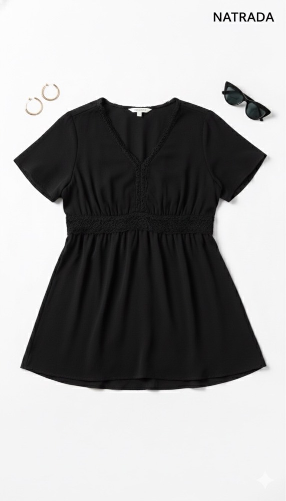 A28 เดรสชุดนอน สีดำ แขนสั้นคอวี (พร้อมส่งภายใน 24 ชม.) Black, short-sleeved, V-neck nightdress (Ready to ship within 24 hours)