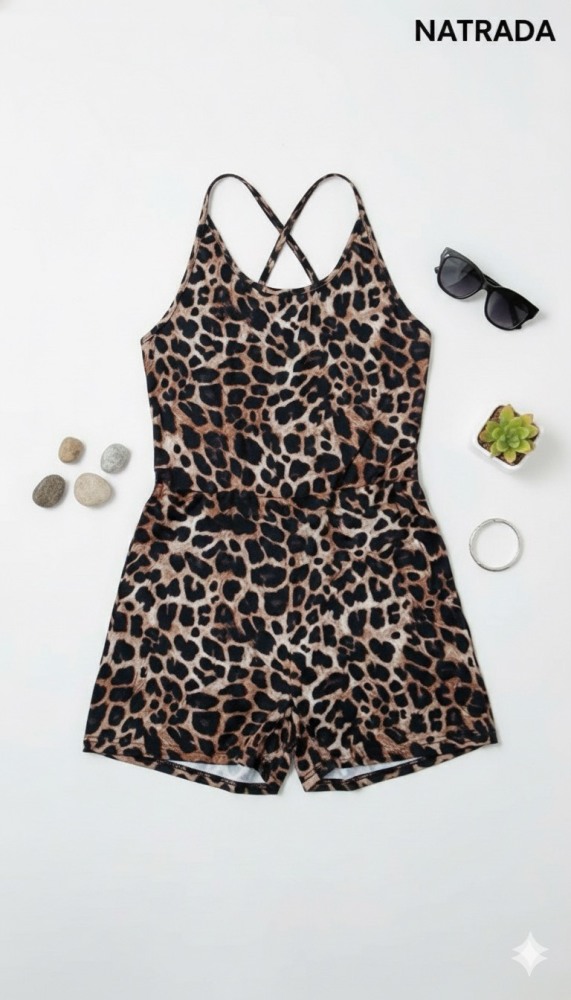 A29 จั๊มชุดนอน ขาสั้น สายเดี่ยวลายเสือ (พร้อมส่งภายใน 24 ชม.) Long-sleeved jumpsuit with tiger print and spaghetti straps