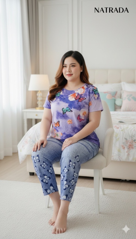 A30 เซทชุดนอน เสื้อแขนสั้นลายผีเสื้อสีม่วงกับกางเกง 5 ส่วนขายาว (พร้อมส่งภายใน 24 ชม.) Purple butterfly print short-sleeved pajama set with cropped pants (Ready to ship within 24 hours)