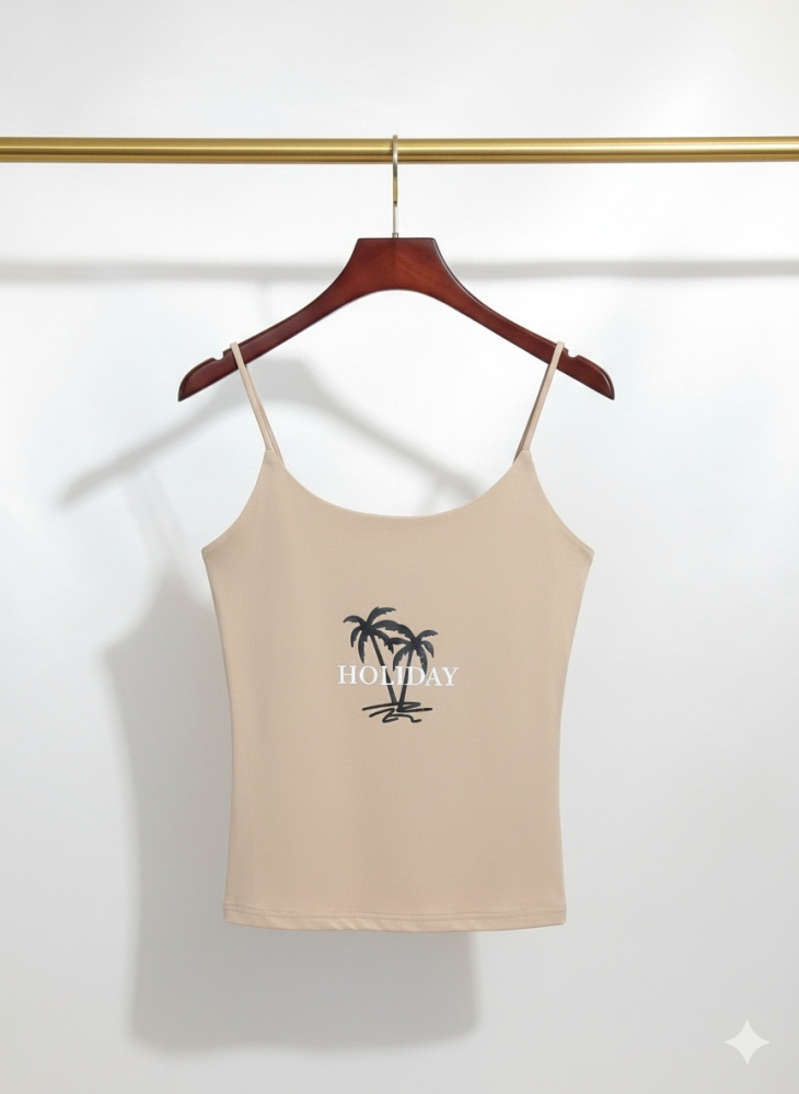 C036 : ครอปสายเดี่ยว สีน้ำตาลอ่อน ลายสกรีนกราฟฟิค  (พร้อมส่งภายใน 24 ชม.)  Light brown spaghetti strap crop top with graphic print (ready to ship within 24 hours)