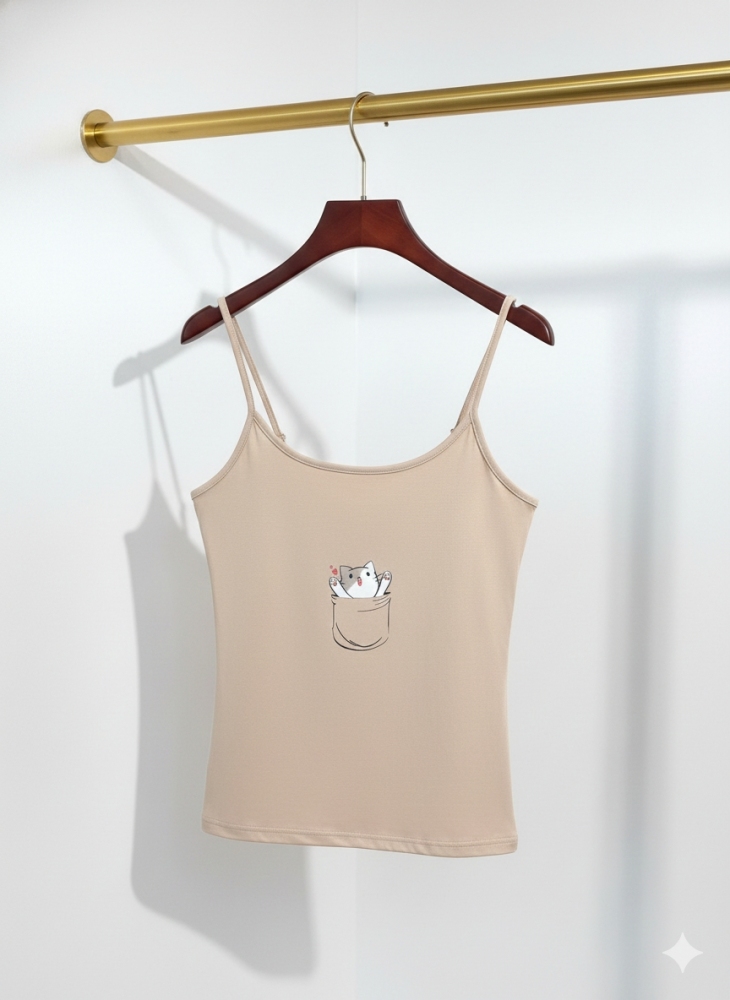 C038 : ครอปสายเดี่ยว สีน้ำตาลอ่อน ลายสกรีนแมว  (พร้อมส่งภายใน 24 ชม.)  Light brown spaghetti strap crop top with cat print (ready to ship within 24 hours)