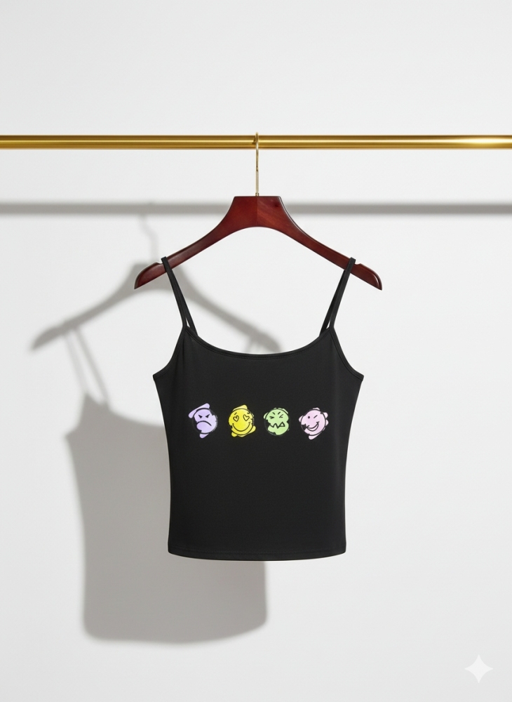 C037 : ครอปสายเดี่ยว สีดำ ลายสกรีนการ์ตูน  (พร้อมส่งภายใน 24 ชม.) Black spaghetti strap crop top with cartoon print (ready to ship within 24 hours)