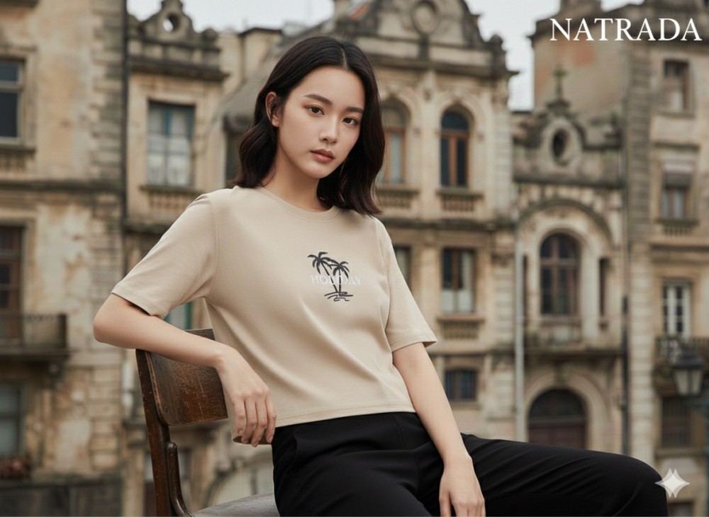 C052 : ครอปแขนสั้น สีครีม ลายสกรีนกราฟฟิค  (พร้อมส่งภายใน 24 ชม.) Brown long-sleeve crop top, tight-fitting, butterfly print (ready to ship within 24 hours)
