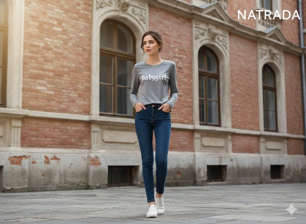 C048 : ครอปแขนยาว สีเทา รัดรูป ลายสกรีนฟ้อนต์  (พร้อมส่งภายใน 24 ชม.) Gray long-sleeve crop top, fitted, with printed font design (ready to ship within 24 hours)
