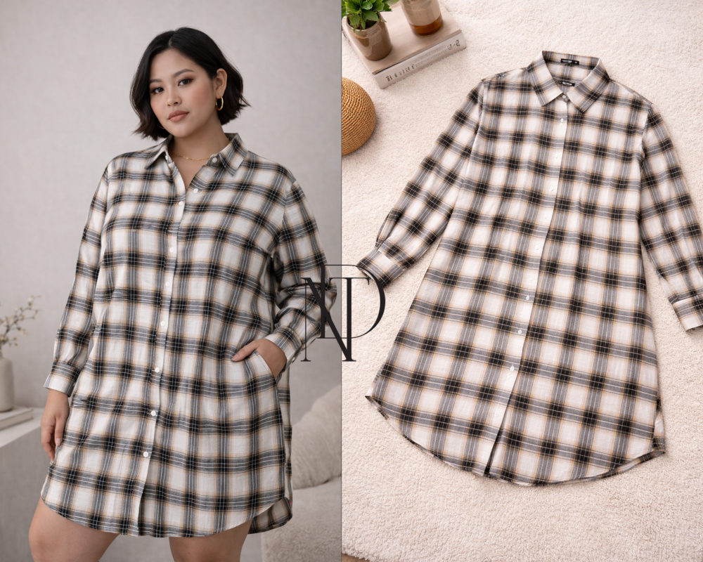 D01 : เดรสเชิ้ตลายสก็อต ทรงโอเวอร์ไซซ์ (พร้อมส่งภายใน 24 ชม.) Oversized Plaid Shirt Dress (ready to ship within 24 hours)