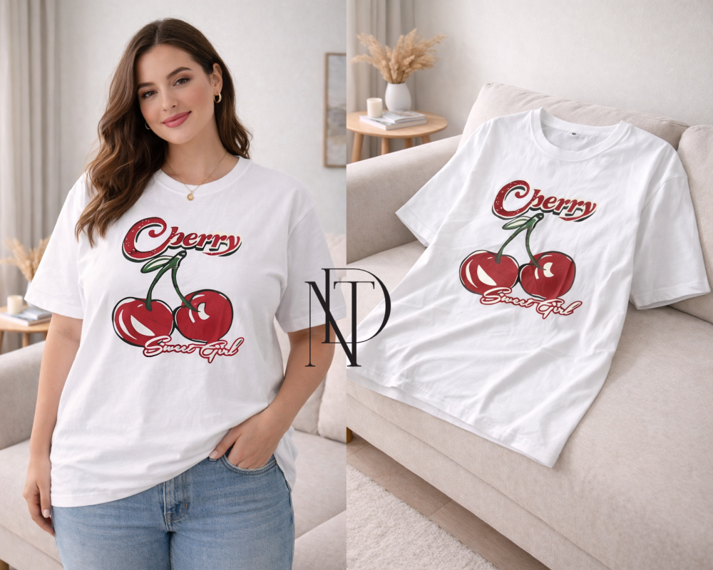 TS05 : เสื้อยืดลาย Cherry Sweet Girl (พร้อมส่งภายใน 24 ชม.)  “Cherry Sweet Girl” Graphic T-Shirt (Ready to ship within 24 hours)