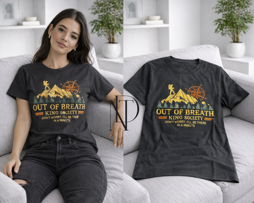 ST014 : เสื้อยืดลาย “Out Of Breath – King Society” สไตล์เอาท์ดอร์ (พร้อมส่งภายใน 24 ชม.) “Out Of Breath – King Society” Outdoor Style Graphic T-Shirt (Ready to ship within 24 hours)