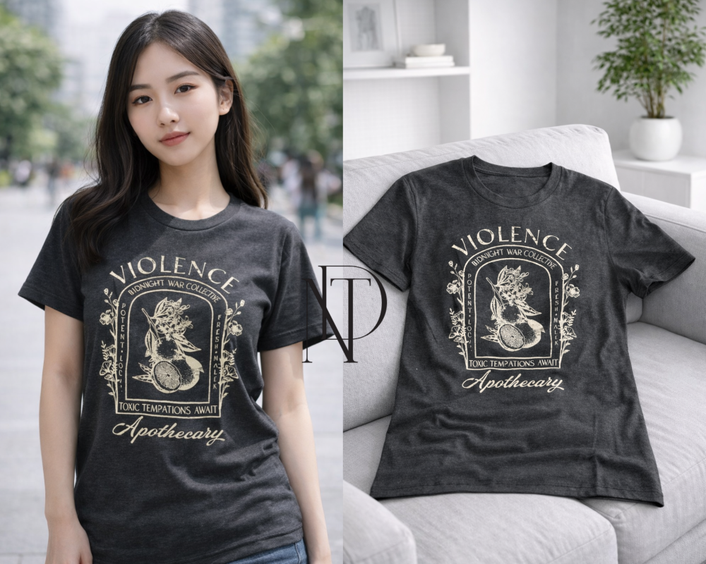 ST015 : เสื้อยืดลาย “Violence – Apothecary” สไตล์วินเทจดาร์ก (พร้อมส่งภายใน 24 ชม.) “Violence – Apothecary” Vintage Dark Style Graphic T-Shirt (Ready to ship within 24 hours)