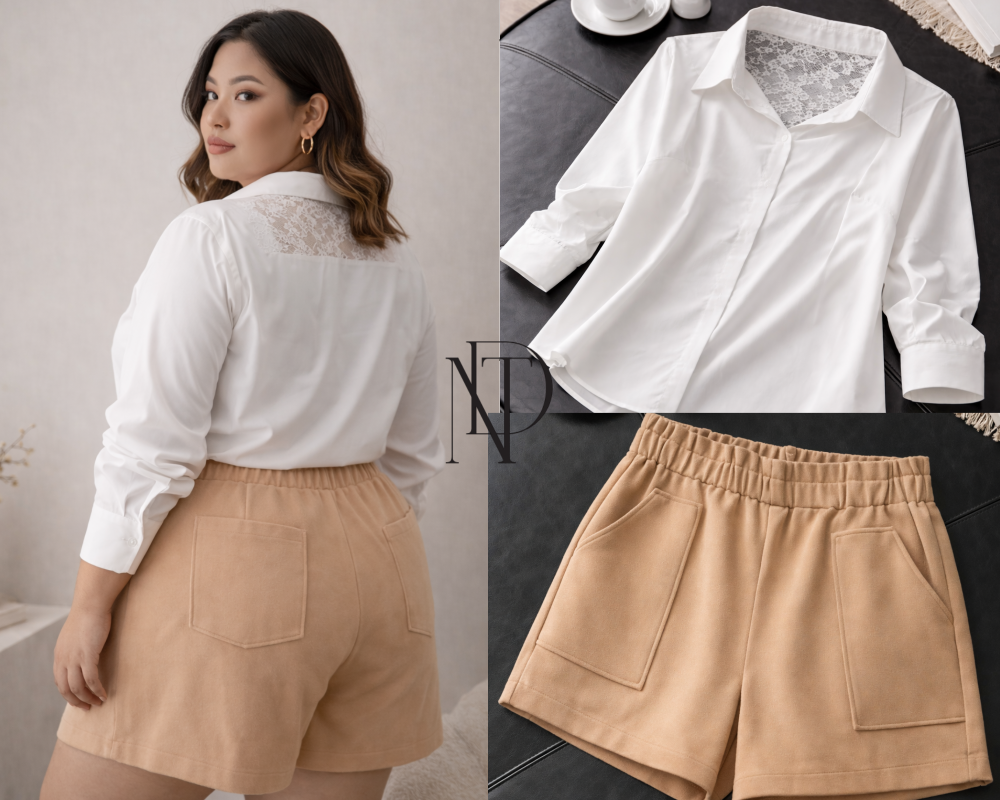 S02 : เซ็ตเสื้อเชิ้ตขาวแต่งลูกไม้ + กางเกงขาสั้นเอวยางยืด (พร้อมส่งภายใน 24 ชม.) White Lace-Detail Shirt + Elastic Waist Shorts Set (Ready to ship within 24 hours)