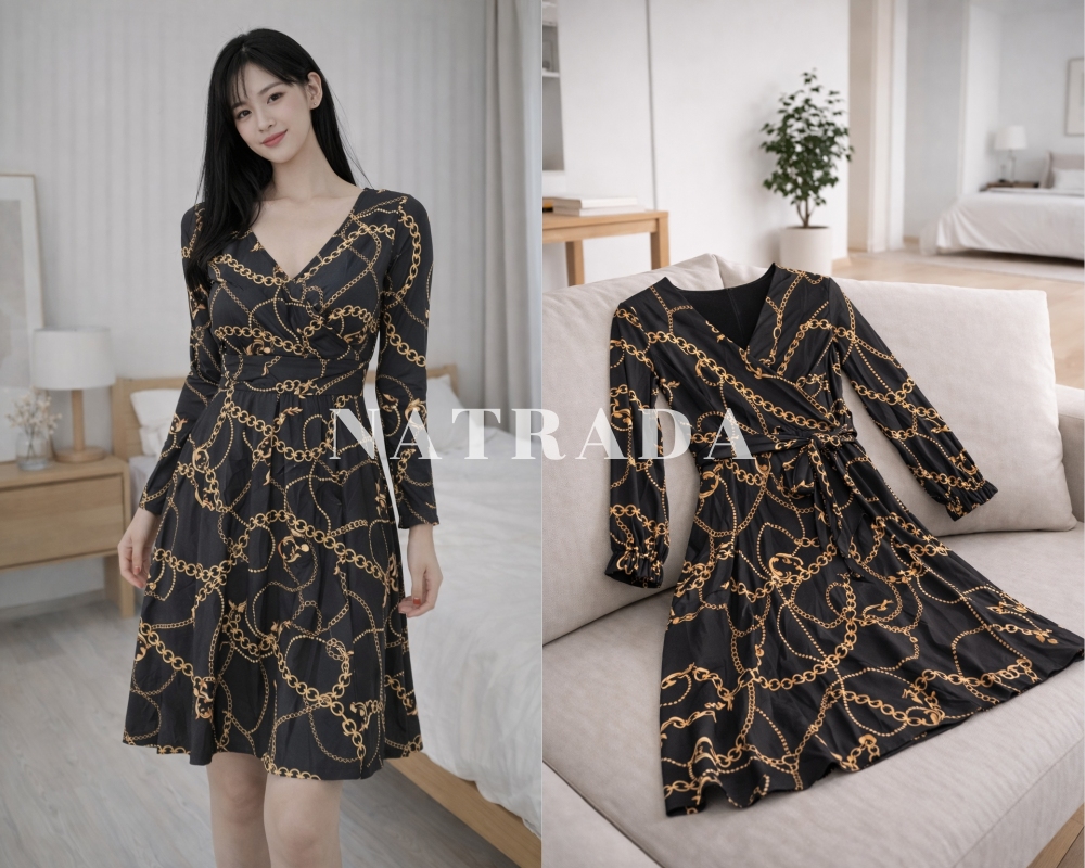 D07 : เดรสสั้นสีดำลายกราฟฟิค แขนยาว (พร้อมส่งภายใน 24 ชม.) Black short dress with graphic pattern, long sleeves (ready to ship within 24 hours)