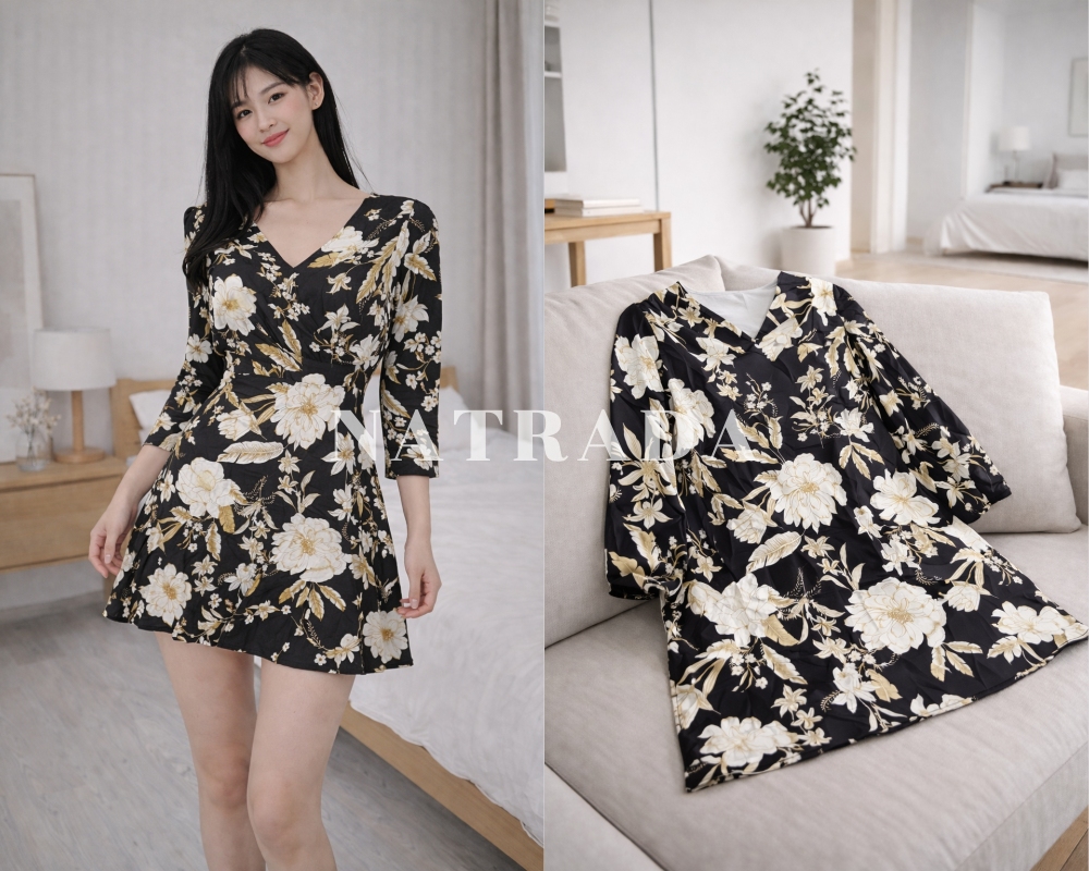 D02 : มินิเดรสคอวี สีดำลายดอก แขนยาวแขนสม็อค (พร้อมส่งภายใน 24 ชม.) Black V-neck mini dress with floral pattern, long smocked sleeves (ready to ship within 24 hours)