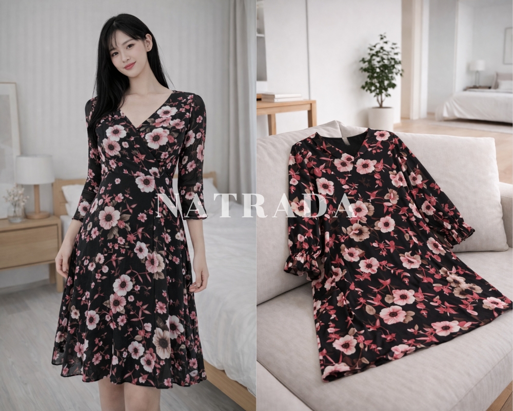 D03 : เดรสยาวสีดำลายดอก แขนยาวปลายแขนจั๊ม (พร้อมส่งภายใน 24 ชม.) Long black floral dress, long sleeves with gathered cuffs (ready to ship within 24 hours)