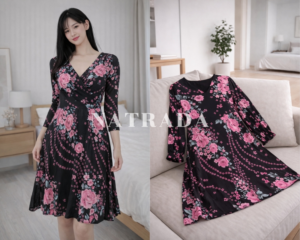 D04 :  เดรสยาวสีดำลายดอชมพู แขนยาวปลายแขนปล่อย (พร้อมส่งภายใน 24 ชม.) Long black dress with pink flower pattern, long sleeves with loose cuffs (ready to ship within 24 hours)