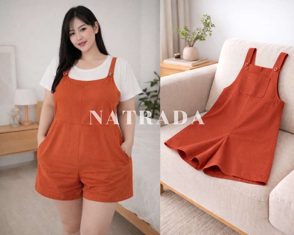 D05 :  ชุดเอี้ยมขาสั้น สีส้ม แต่งกระเป๋าหน้า (พร้อมส่งภายใน 24 ชม.) Orange short overall with front pocket (ready to ship within 24 hrs.)