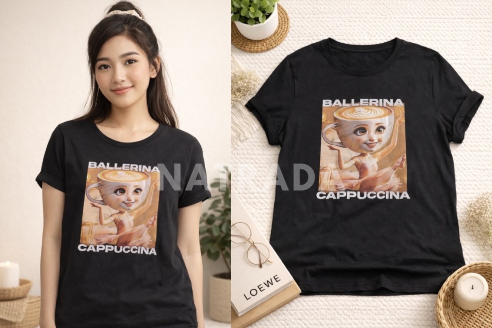 TS047 : เสื้อยืดสกรีนลาย BALLERINA CAPPUCCINA สีดำ (พร้อมส่งภายใน 24 ชม.) Black BALLERINA CAPPUCCINA printed T-shirt (ready to ship within 24 hours)