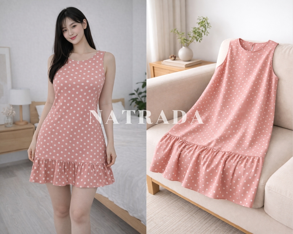 D08 :  เดรสสีชมพู ลายจุด (พร้อมส่งภายใน 24 ชม.) Pink polka dot dress (ready to ship within 24 hours)