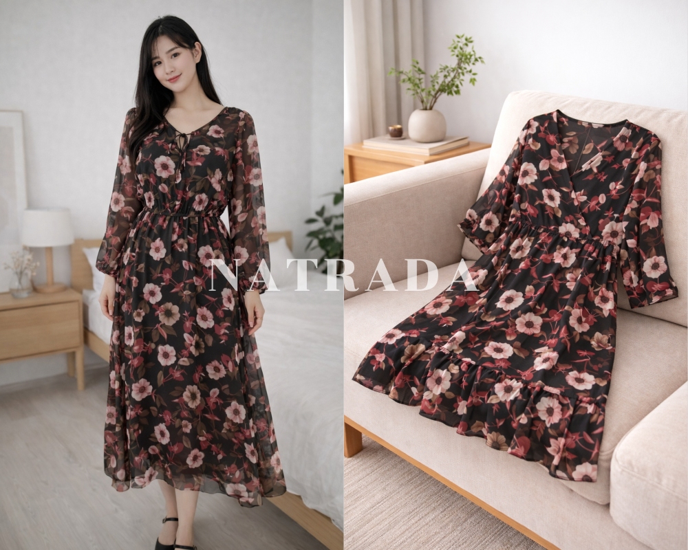D10 :  เดรสสีดำ ลายดอกไม้ (พร้อมส่งภายใน 24 ชม.) Black floral dress (ready to ship within 24 hours)