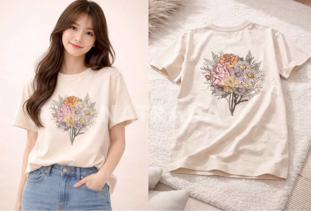 TS021 : เสื้อยืดสีครีมลายช่อดอกไม้ (พร้อมส่งภายใน 24 ชม.) Cream-colored T-shirt with floral print (ships within 24 hours)