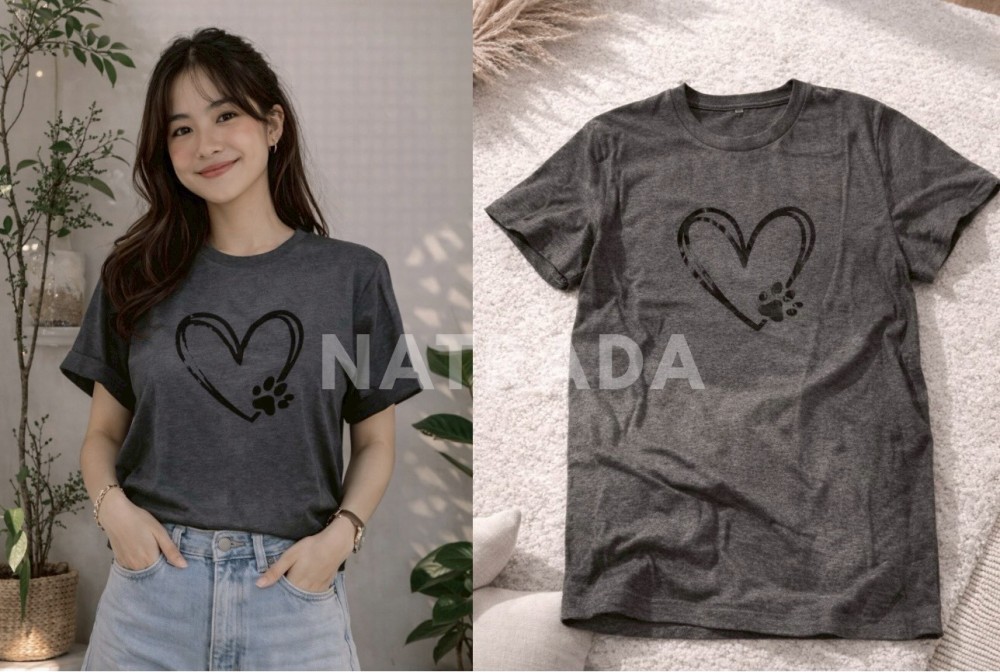TS032 : เสื้อยืดสีเทาลายรูปหัวใจ (พร้อมส่งภายใน 24 ชม.) Grey T-shirt with heart design (ships within 24 hours)
