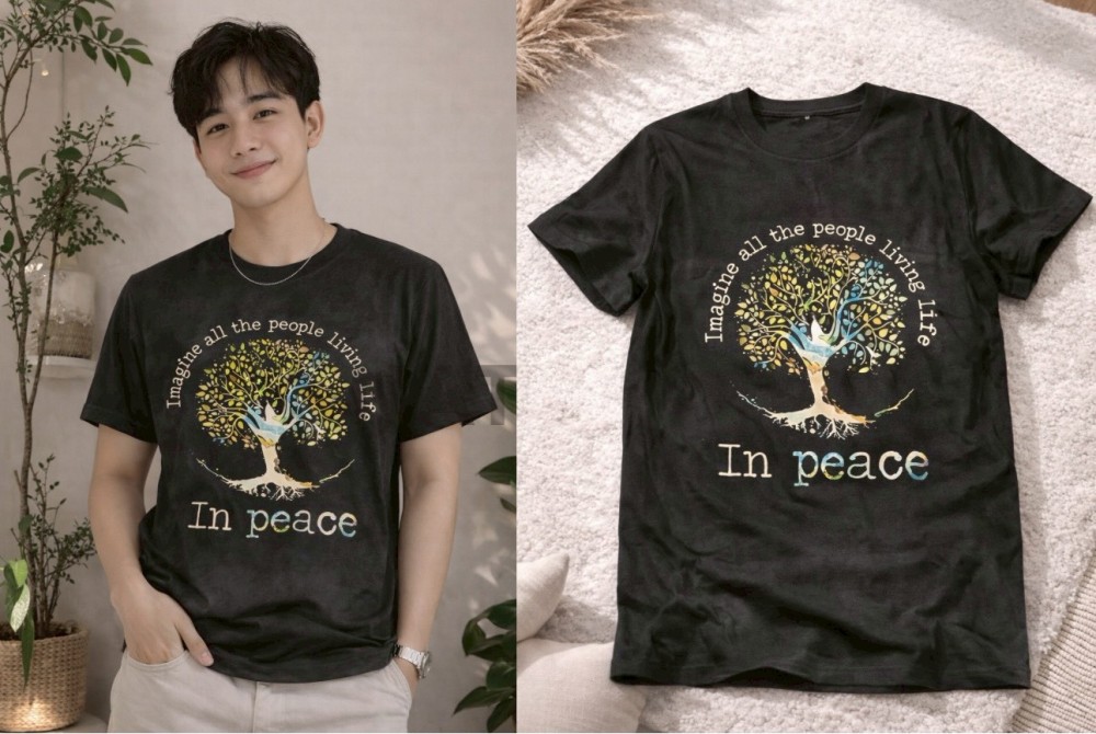 TS033 : เสื้อยืดสีดำลายต้นไม้ (พร้อมส่งภายใน 24 ชม.) Black T-shirt with tree design (ships within 24 hours)