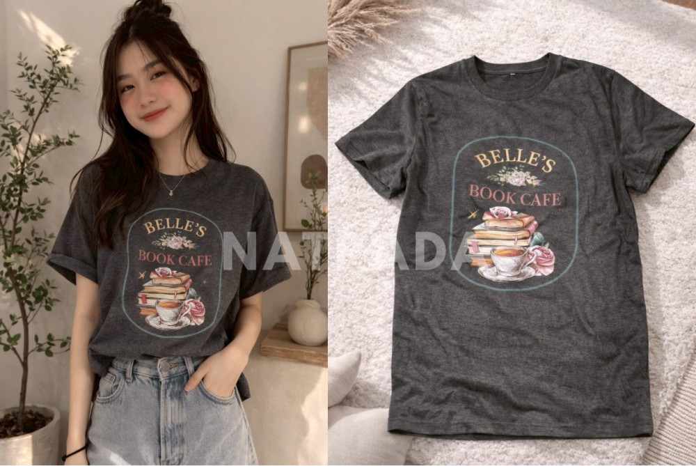 TS037 : เสื้อยืดลายคาเฟ่หนังสือ Belle’s Book Cafe วินเทจ (พร้อมส่งภายใน 24 ชม.) Vintage Belle's Book Cafe themed T-shirt (ships within 24 hours)