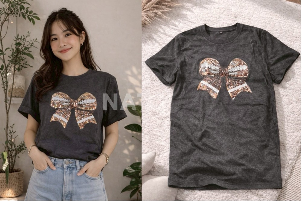TS040 : เสื้อยืดลายโบว์กลิตเตอร์แฟชั่น (พร้อมส่งภายใน 24 ชม.) Fashionable glitter bow print T-shirt (ships within 24 hours)