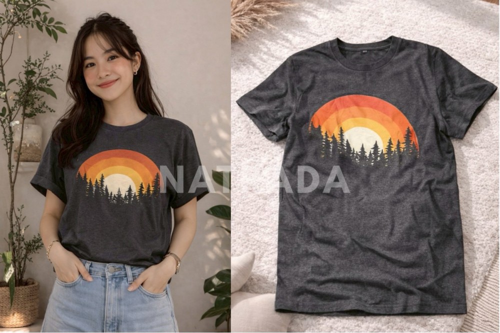TS041 : เสื้อยืดลายซันเซ็ตกลางป่า แนววินเทจ (พร้อมส่งภายใน 24 ชม.) Vintage style t-shirt with a sunset in the forest design (ships within 24 hours)