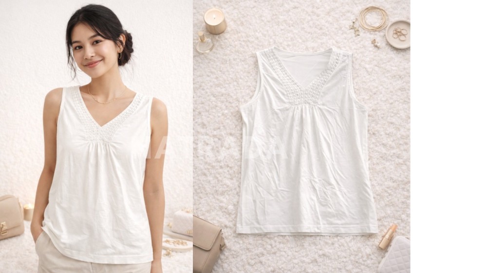 F03 : เสื้อกล้ามแฟชั่นคอวี แต่งลูกไม้ สีขาว (พร้อมส่งภายใน 24 ชม.) V-neck fashion tank top with lace, white (ready to ship within 24 hours)