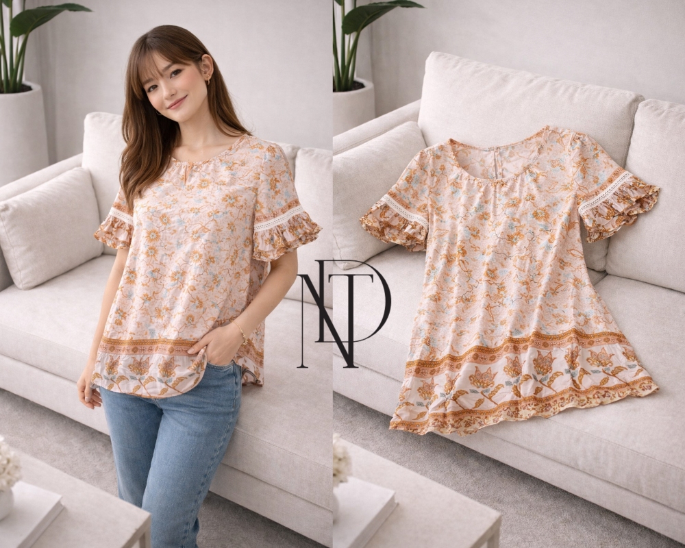 F06 : เสื้อแขนระบายลายดอกโทนพีชวินเทจ  (พร้อมส่งภายใน 24 ชม.) Peach Floral Ruffle Top (ready to ship within 24 hours)