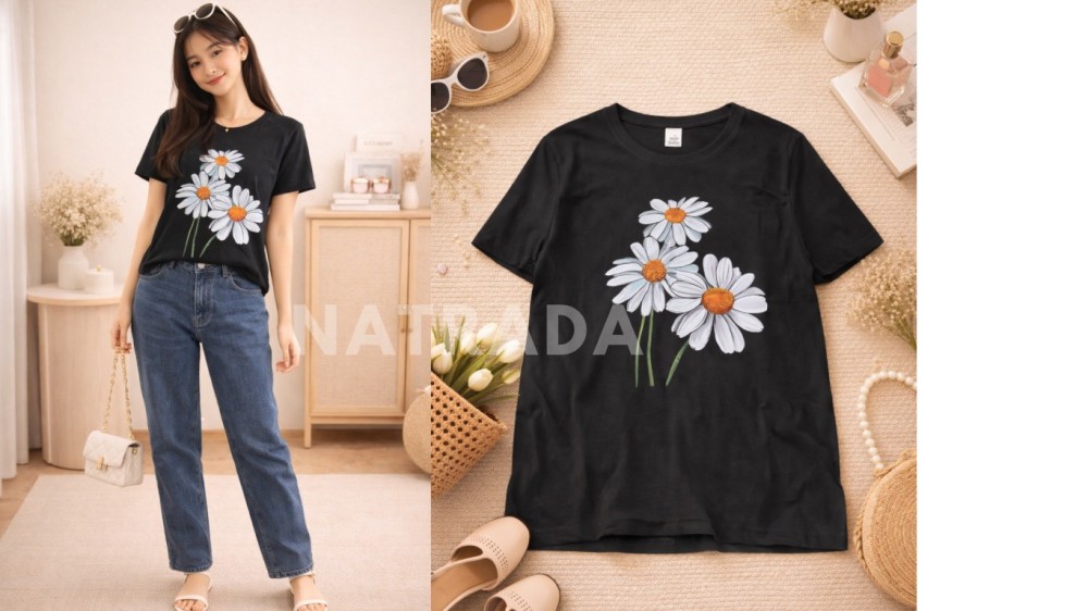 TS046 : เสื้อยืดสีดำ สกรีนลายดอกไม้ (พร้อมส่งภายใน 24 ชม.) Black T-shirt with flower print (ready to ship within 24 hours)