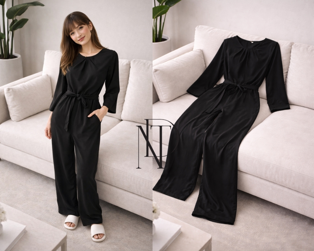 D016 : จั๊มสูทขายาวผูกเอวสีดำ (พร้อมส่งภายใน 24 ชม.) Black Waist Tie Jumpsuit (ready to ship within 24 hrs.)