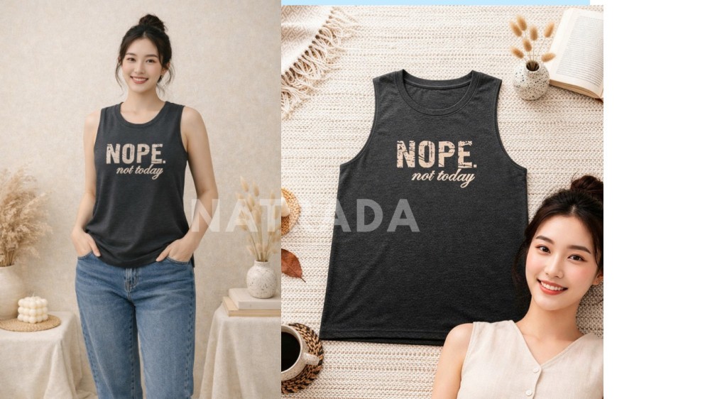 TS052 : เสื้อยืดกล้าม สกรีนลาย NOPE สีเทา (พร้อมส่งภายใน 24 ชม.) Gray sleeveless T-shirt with 'NOPE' print (ready to ship within 24 hours)