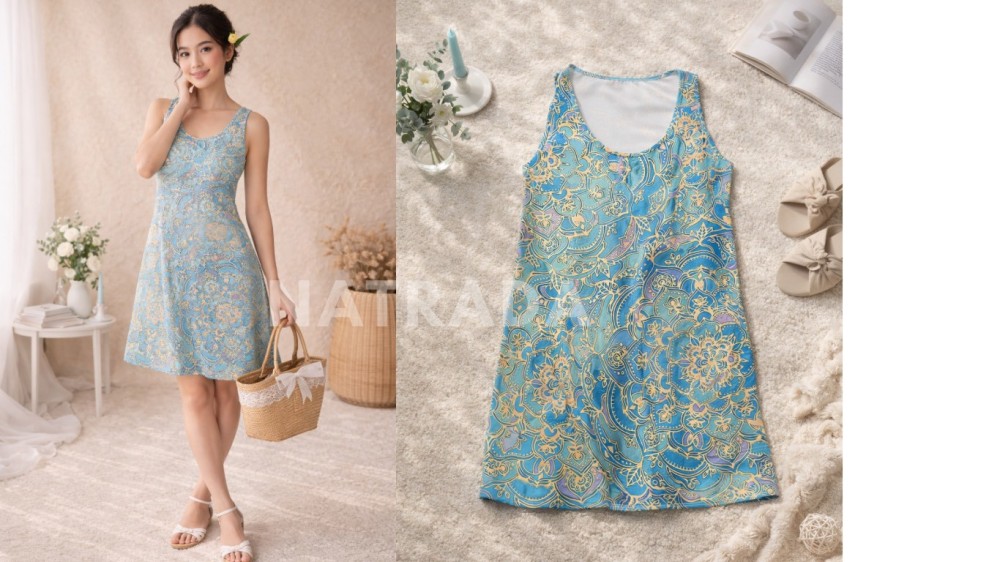 D023 : เดรสแขนกุด ลายฟ้าทองเรียบหรู  (พร้อมส่งภายใน 24 ชม.) Sleeveless dress, elegant blue and gold pattern (ready to ship within 24 hours)