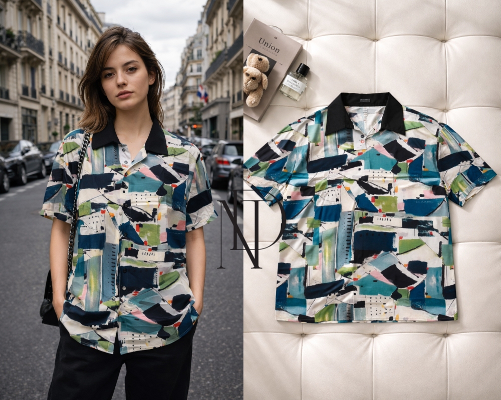 F024 : เสื้อเชิ้ตแขนสั้นลายอาร์ต ปกดำ  (พร้อมส่งภายใน 24 ชม.) Short-sleeve art print shirt with black collar (ready to ship within 24 hours)