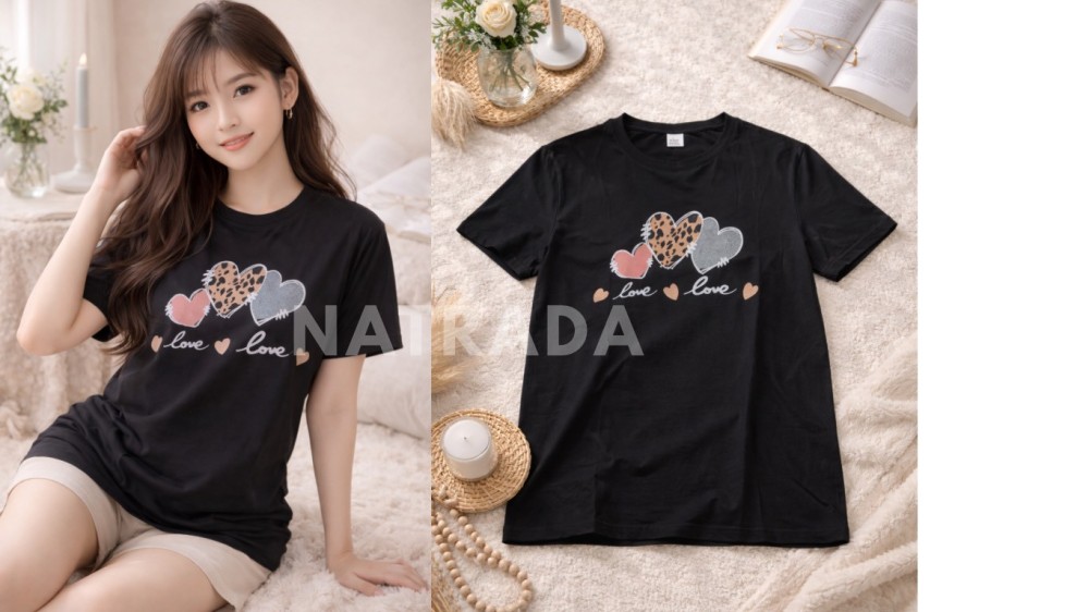TS053 : เสื้อยืดสีดำ สกรีนลายหัวใจ (พร้อมส่งภายใน 24 ชม.) Black T-shirt with heart print (ready to ship within 24 hours)