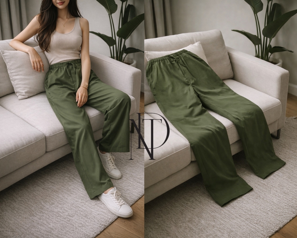 P04 : กางเกงขายาวทรงหลวมเอวยางยืดสีเขียว (พร้อมส่งภายใน 24 ชม.) Green Wide-Leg Pants (ready to ship within 24 hrs.)