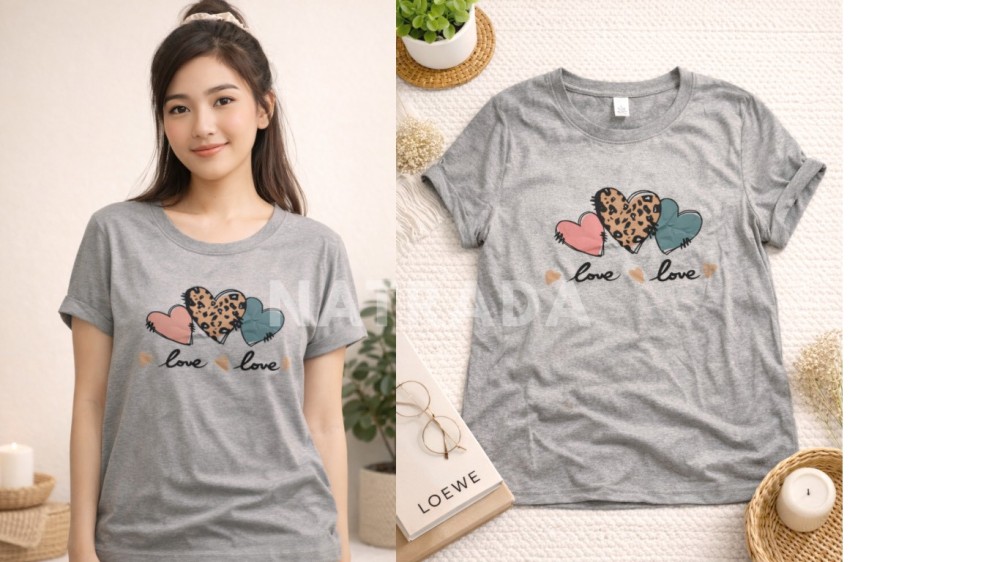 TS054 : เสื้อยืดสีเทา สกรีนลายหัวใจ (พร้อมส่งภายใน 24 ชม.) Gray T-shirt with heart print (ready to ship within 24 hours)