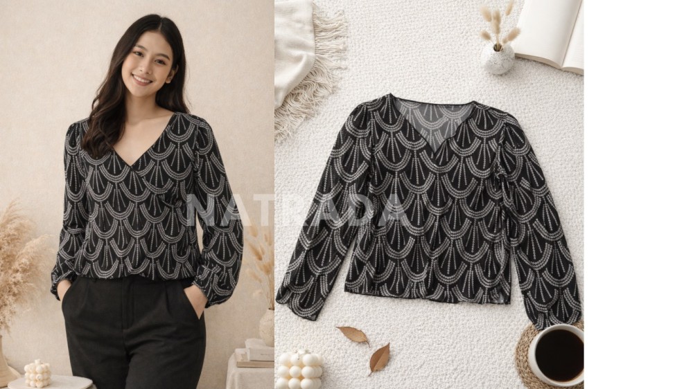 F018 : เสื้อแฟชั่นคอวี แขนยาวลายดำเงิน ทรงสุภาพดูดี (พร้อมส่งภายใน 24 ชม.) V-neck fashion shirt, long sleeves, black and silver pattern, neat and stylish fit (ready to ship within 24 hours)