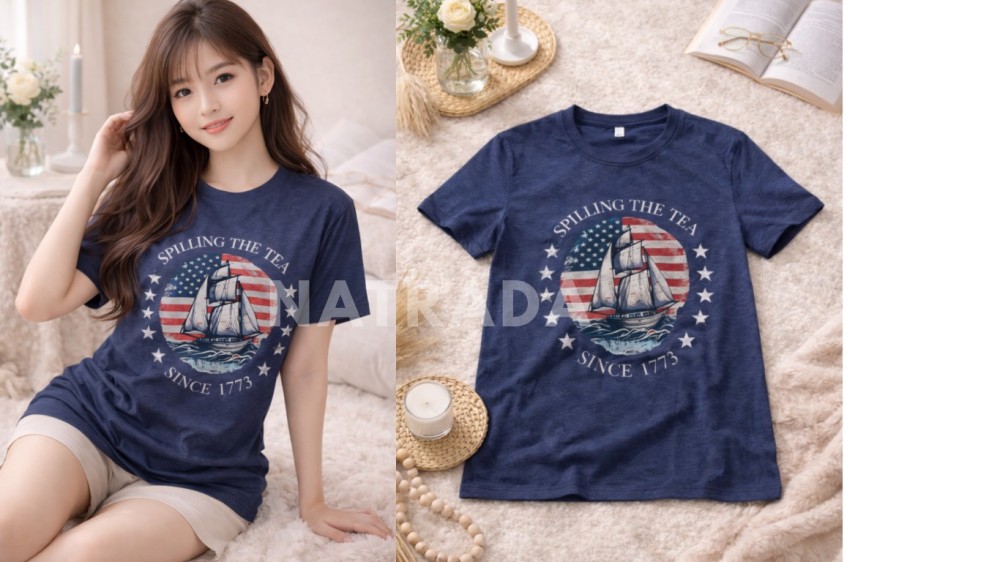 TS055 : เสื้อยืดสีกรม สกรีนลาย Spilling The Tea (พร้อมส่งภายใน 24 ชม.) Navy blue T-shirt with Spilling The Tea print (ready to ship within 24 hours)