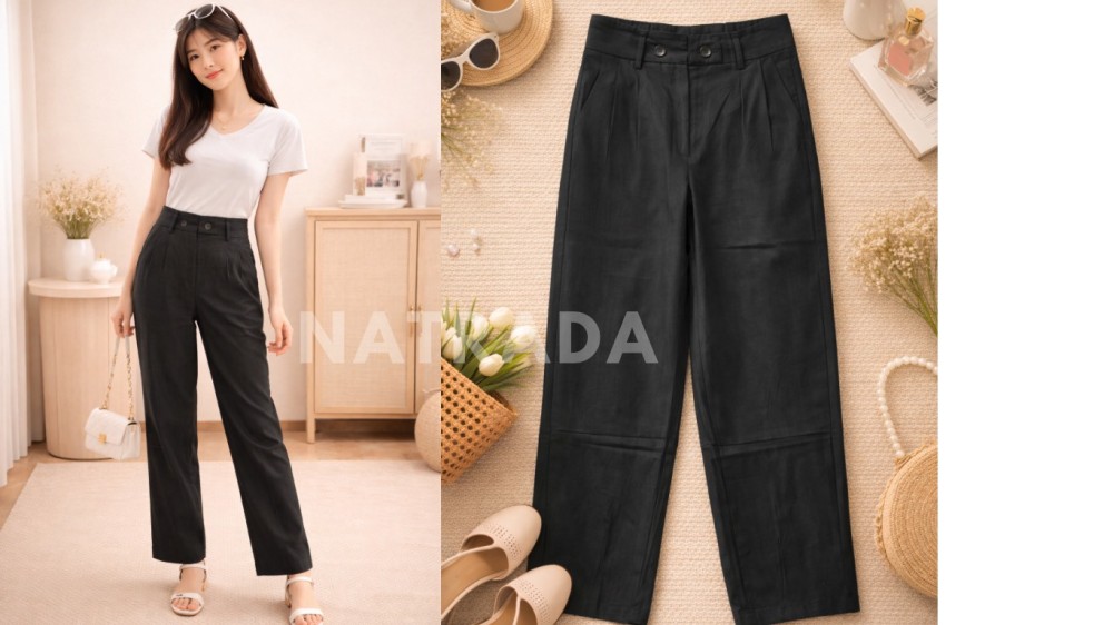 P011 : กางเกงขายาวสีดำ แต่งจีบเอว มีกระดุม (พร้อมส่งภายใน 24 ชม.) Black long pants with pleated waist and buttons (ready to ship within 24 hours)