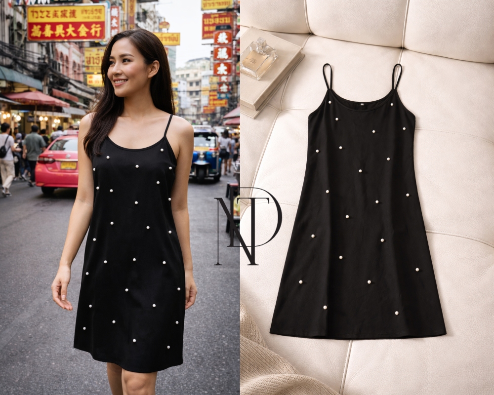 D030 : เดรสสายเดี่ยวสีดำแต่งมุก (พร้อมส่งภายใน 24 ชม.) Black spaghetti strap dress with pearl embellishments (ready to ship within 24 hours)