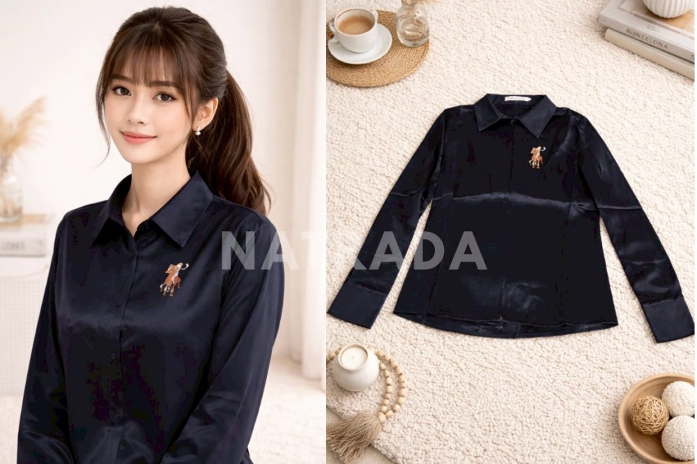 F026 : เสื้อเชิ้ตแขนยาวลุคทำงาน ปักลายม้า  (พร้อมส่งภายใน 24 ชม.) Long-sleeve work look shirt embroidered with horse pattern (ready to ship within 24 hours)