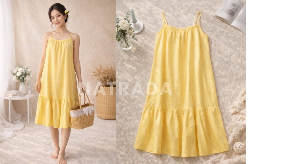 D024 : เดรสยาวสายเดี่ยว สีเหลืองลุคคุณหนู  (พร้อมส่งภายใน 24 ชม.) Yellow long spaghetti strap dress, elegant lady look (ready to ship within 24 hours)