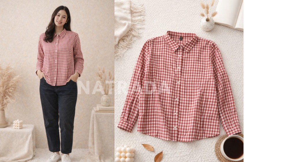F019 : เสื้อเชิ้ตแขนยาว สีแดงลายสก็อต  (พร้อมส่งภายใน 24 ชม.) Long-sleeve red plaid shirt (ready to ship within 24 hours)