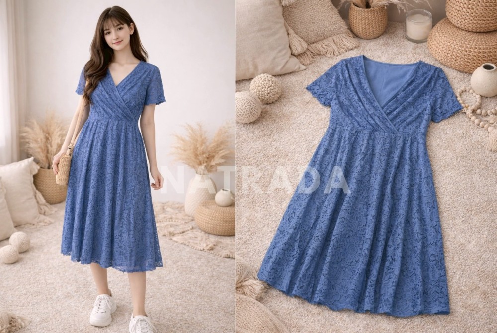 D021 : เดรสลูกไม้คอวีทรงเอวสูง (พร้อมส่งภายใน 24 ชม.) Lace V-Neck Midi Dress (ready to ship within 24 hrs.)